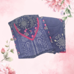 blue cotton lawn suit with pink lace