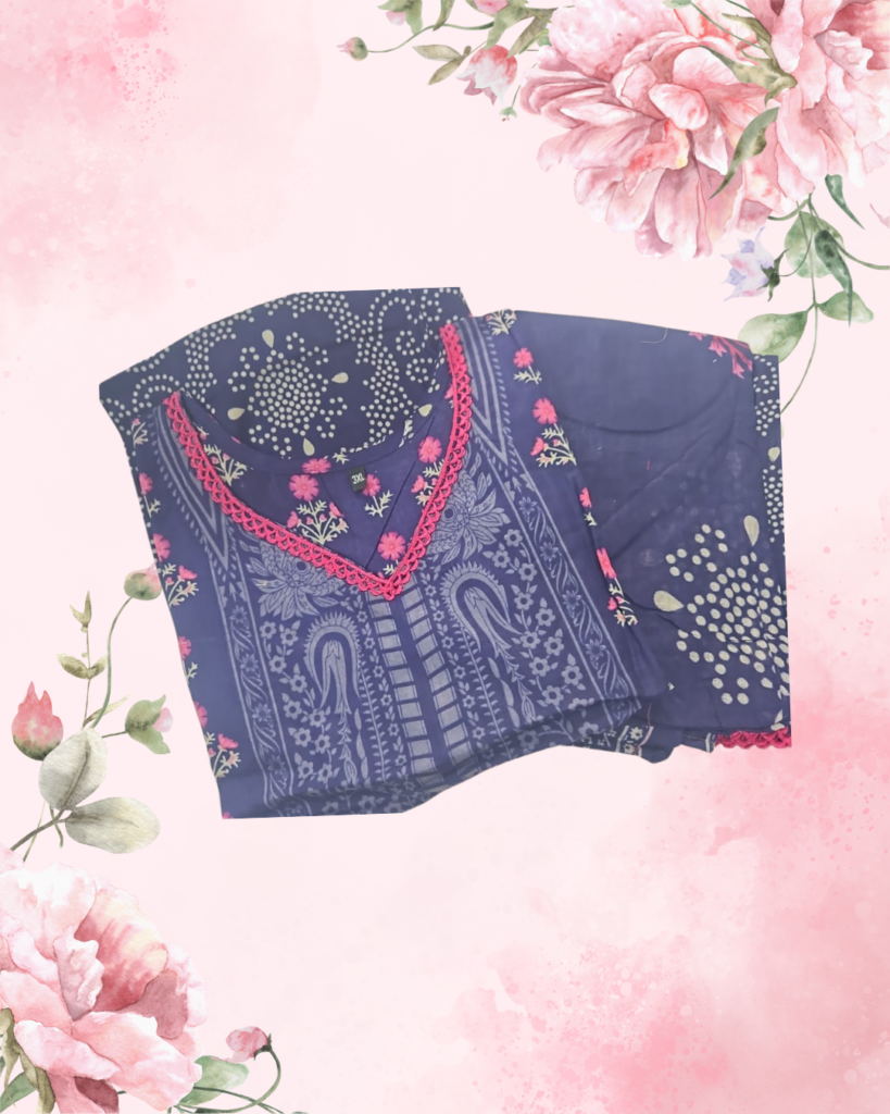 blue cotton lawn suit with pink lace