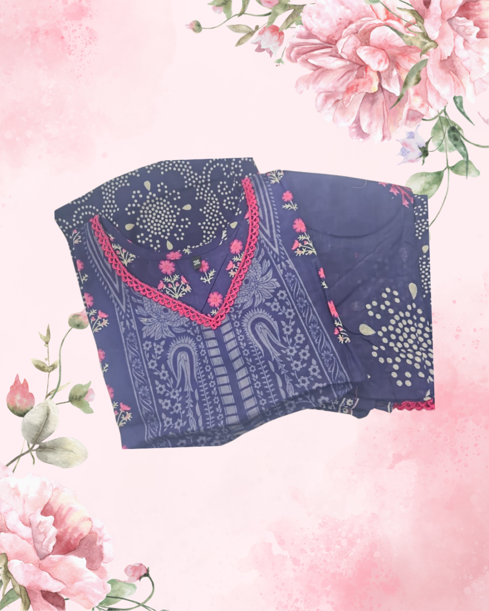 blue cotton lawn suit with pink lace