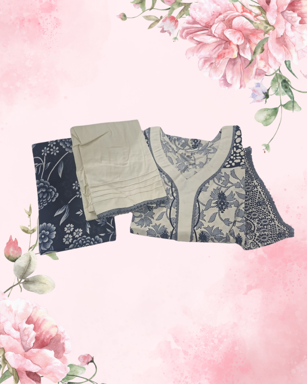 black n white cotton suit with mul dupatta