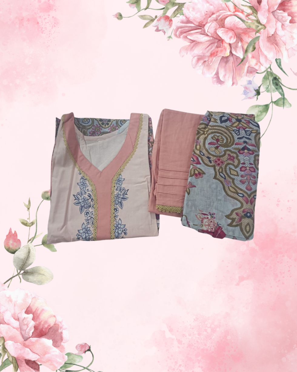 Pink color cotton lawn suit with mul cotton dupatta